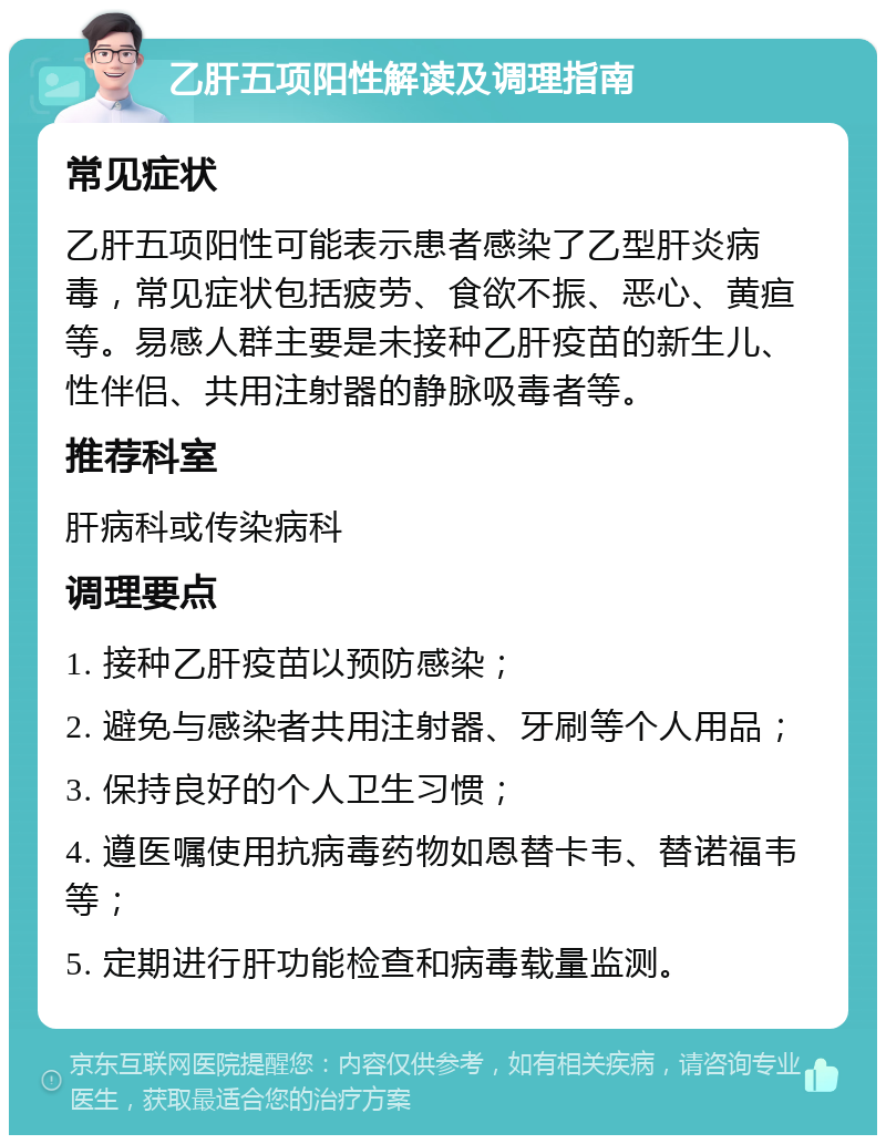 乙肝五项阳性解读及调理指南 常见症状 乙肝五项阳性可能表示患者感染了乙型肝炎病毒，常见症状包括疲劳、食欲不振、恶心、黄疸等。易感人群主要是未接种乙肝疫苗的新生儿、性伴侣、共用注射器的静脉吸毒者等。 推荐科室 肝病科或传染病科 调理要点 1. 接种乙肝疫苗以预防感染； 2. 避免与感染者共用注射器、牙刷等个人用品； 3. 保持良好的个人卫生习惯； 4. 遵医嘱使用抗病毒药物如恩替卡韦、替诺福韦等； 5. 定期进行肝功能检查和病毒载量监测。