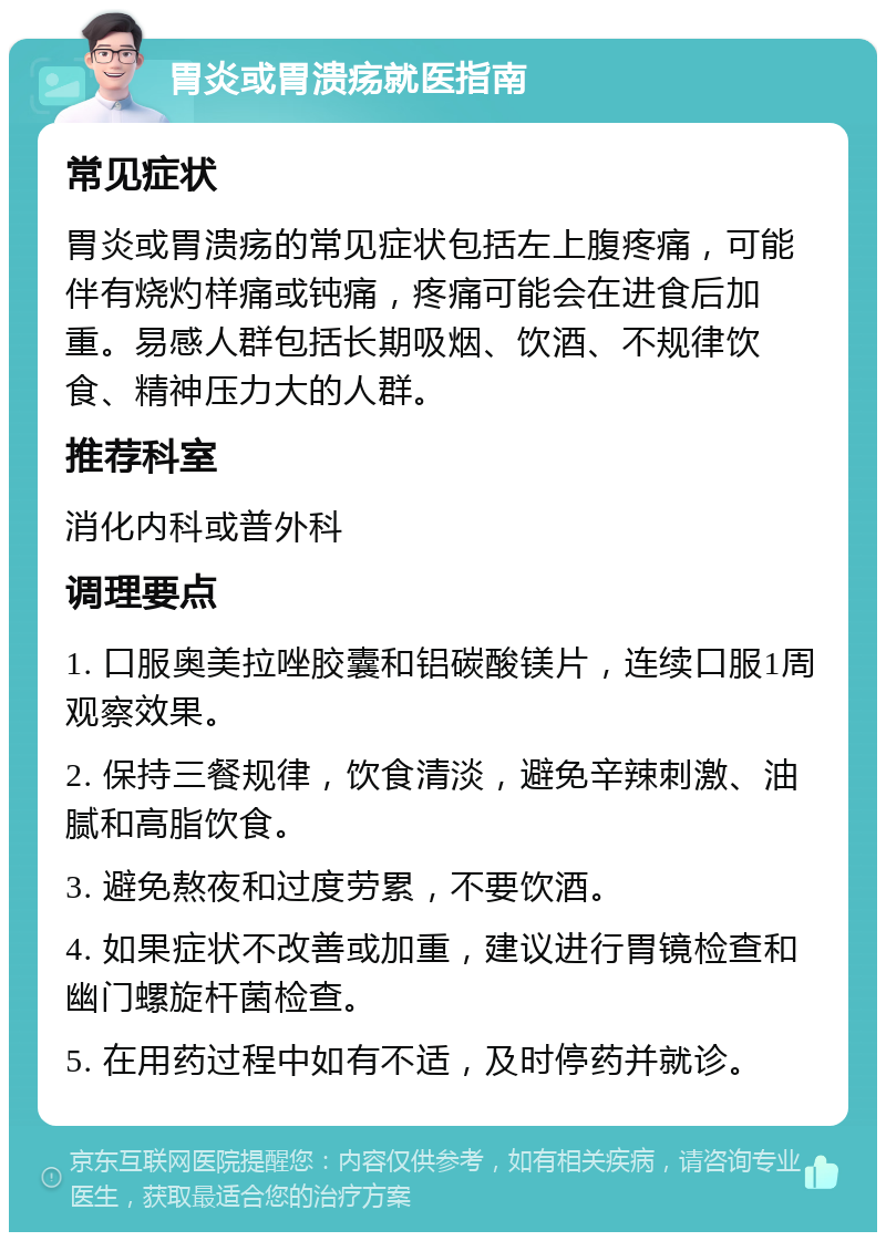 胃炎或胃溃疡就医指南 常见症状 胃炎或胃溃疡的常见症状包括左上腹疼痛，可能伴有烧灼样痛或钝痛，疼痛可能会在进食后加重。易感人群包括长期吸烟、饮酒、不规律饮食、精神压力大的人群。 推荐科室 消化内科或普外科 调理要点 1. 口服奥美拉唑胶囊和铝碳酸镁片，连续口服1周观察效果。 2. 保持三餐规律，饮食清淡，避免辛辣刺激、油腻和高脂饮食。 3. 避免熬夜和过度劳累，不要饮酒。 4. 如果症状不改善或加重，建议进行胃镜检查和幽门螺旋杆菌检查。 5. 在用药过程中如有不适，及时停药并就诊。