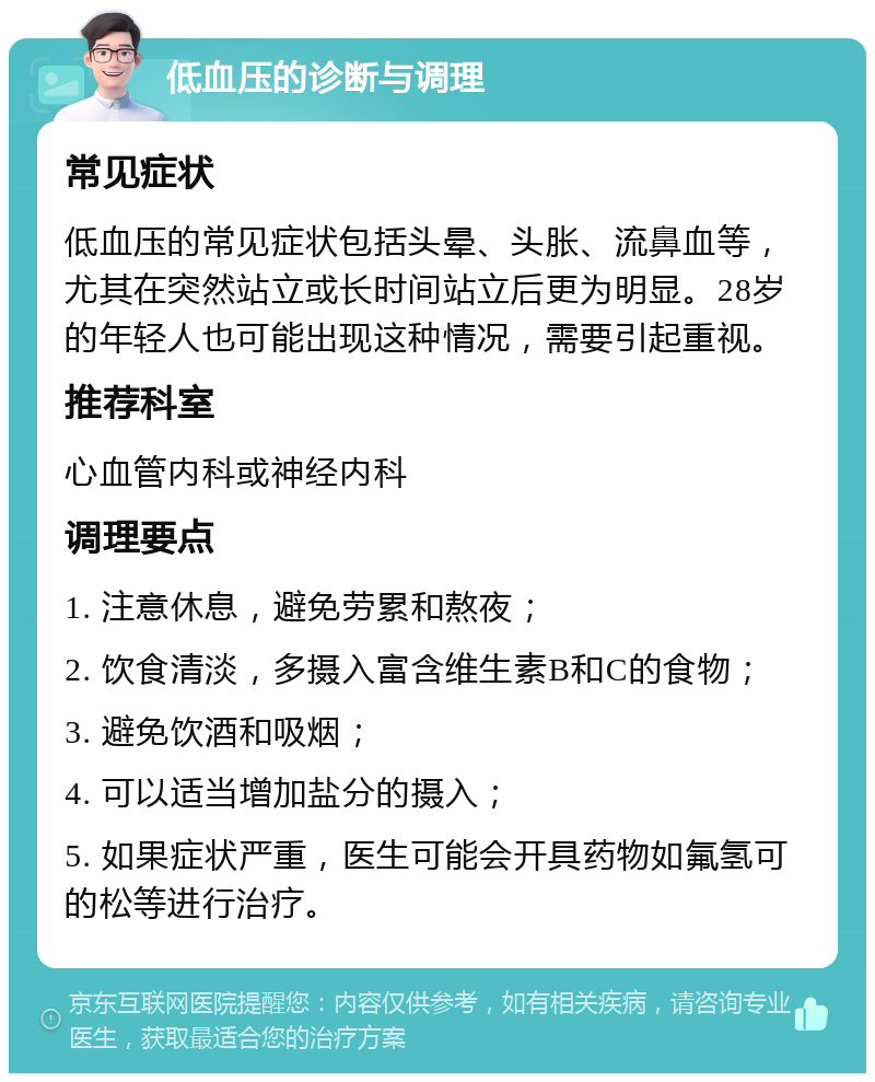 低血压的诊断与调理 常见症状 低血压的常见症状包括头晕、头胀、流鼻血等，尤其在突然站立或长时间站立后更为明显。28岁的年轻人也可能出现这种情况，需要引起重视。 推荐科室 心血管内科或神经内科 调理要点 1. 注意休息，避免劳累和熬夜； 2. 饮食清淡，多摄入富含维生素B和C的食物； 3. 避免饮酒和吸烟； 4. 可以适当增加盐分的摄入； 5. 如果症状严重，医生可能会开具药物如氟氢可的松等进行治疗。