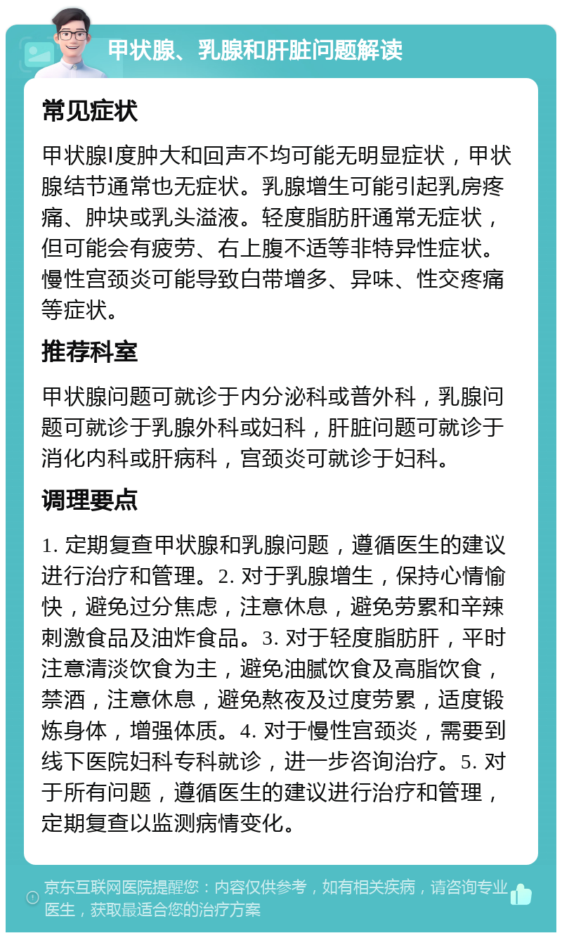 甲状腺、乳腺和肝脏问题解读 常见症状 甲状腺Ⅰ度肿大和回声不均可能无明显症状，甲状腺结节通常也无症状。乳腺增生可能引起乳房疼痛、肿块或乳头溢液。轻度脂肪肝通常无症状，但可能会有疲劳、右上腹不适等非特异性症状。慢性宫颈炎可能导致白带增多、异味、性交疼痛等症状。 推荐科室 甲状腺问题可就诊于内分泌科或普外科，乳腺问题可就诊于乳腺外科或妇科，肝脏问题可就诊于消化内科或肝病科，宫颈炎可就诊于妇科。 调理要点 1. 定期复查甲状腺和乳腺问题，遵循医生的建议进行治疗和管理。2. 对于乳腺增生，保持心情愉快，避免过分焦虑，注意休息，避免劳累和辛辣刺激食品及油炸食品。3. 对于轻度脂肪肝，平时注意清淡饮食为主，避免油腻饮食及高脂饮食，禁酒，注意休息，避免熬夜及过度劳累，适度锻炼身体，增强体质。4. 对于慢性宫颈炎，需要到线下医院妇科专科就诊，进一步咨询治疗。5. 对于所有问题，遵循医生的建议进行治疗和管理，定期复查以监测病情变化。