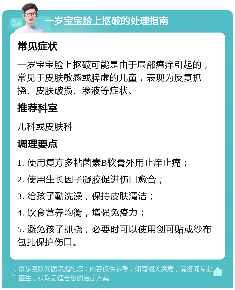 一岁宝宝脸上抠破的处理指南 常见症状 一岁宝宝脸上抠破可能是由于局部瘙痒引起的，常见于皮肤敏感或脾虚的儿童，表现为反复抓挠、皮肤破损、渗液等症状。 推荐科室 儿科或皮肤科 调理要点 1. 使用复方多粘菌素B软膏外用止痒止痛； 2. 使用生长因子凝胶促进伤口愈合； 3. 给孩子勤洗澡，保持皮肤清洁； 4. 饮食营养均衡，增强免疫力； 5. 避免孩子抓挠，必要时可以使用创可贴或纱布包扎保护伤口。