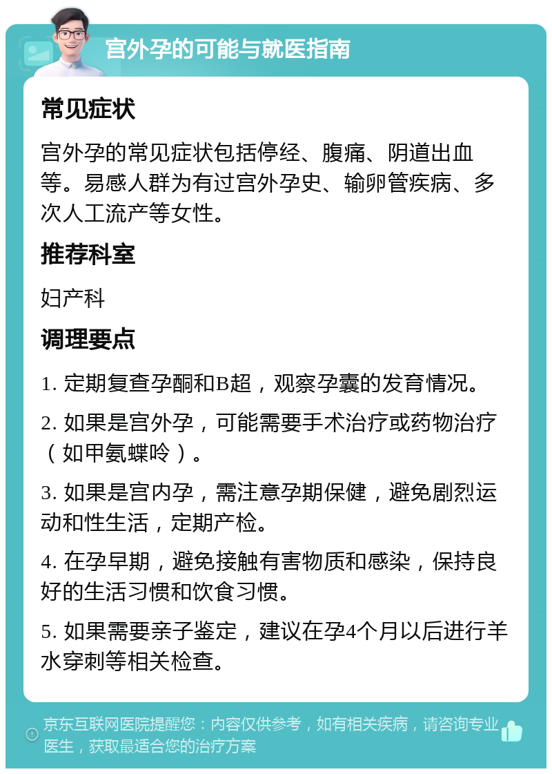 宫外孕的可能与就医指南 常见症状 宫外孕的常见症状包括停经、腹痛、阴道出血等。易感人群为有过宫外孕史、输卵管疾病、多次人工流产等女性。 推荐科室 妇产科 调理要点 1. 定期复查孕酮和B超，观察孕囊的发育情况。 2. 如果是宫外孕，可能需要手术治疗或药物治疗（如甲氨蝶呤）。 3. 如果是宫内孕，需注意孕期保健，避免剧烈运动和性生活，定期产检。 4. 在孕早期，避免接触有害物质和感染，保持良好的生活习惯和饮食习惯。 5. 如果需要亲子鉴定，建议在孕4个月以后进行羊水穿刺等相关检查。