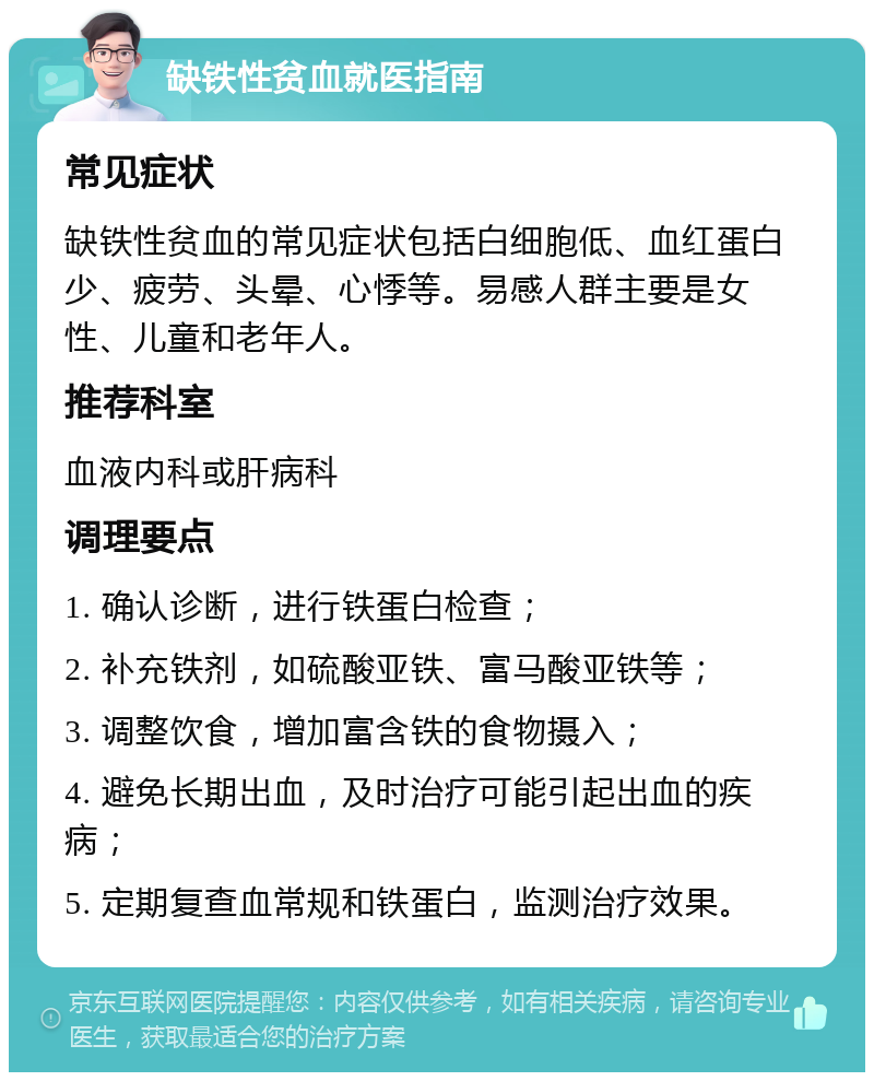 缺铁性贫血就医指南 常见症状 缺铁性贫血的常见症状包括白细胞低、血红蛋白少、疲劳、头晕、心悸等。易感人群主要是女性、儿童和老年人。 推荐科室 血液内科或肝病科 调理要点 1. 确认诊断，进行铁蛋白检查； 2. 补充铁剂，如硫酸亚铁、富马酸亚铁等； 3. 调整饮食，增加富含铁的食物摄入； 4. 避免长期出血，及时治疗可能引起出血的疾病； 5. 定期复查血常规和铁蛋白，监测治疗效果。