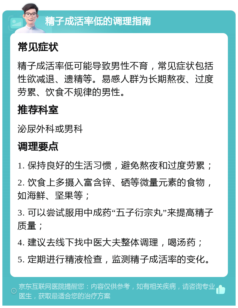 精子成活率低的调理指南 常见症状 精子成活率低可能导致男性不育，常见症状包括性欲减退、遗精等。易感人群为长期熬夜、过度劳累、饮食不规律的男性。 推荐科室 泌尿外科或男科 调理要点 1. 保持良好的生活习惯，避免熬夜和过度劳累； 2. 饮食上多摄入富含锌、硒等微量元素的食物，如海鲜、坚果等； 3. 可以尝试服用中成药“五子衍宗丸”来提高精子质量； 4. 建议去线下找中医大夫整体调理，喝汤药； 5. 定期进行精液检查，监测精子成活率的变化。