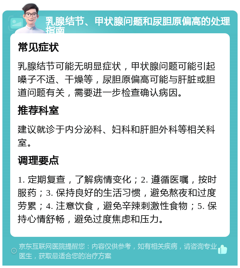 乳腺结节、甲状腺问题和尿胆原偏高的处理指南 常见症状 乳腺结节可能无明显症状，甲状腺问题可能引起嗓子不适、干燥等，尿胆原偏高可能与肝脏或胆道问题有关，需要进一步检查确认病因。 推荐科室 建议就诊于内分泌科、妇科和肝胆外科等相关科室。 调理要点 1. 定期复查，了解病情变化；2. 遵循医嘱，按时服药；3. 保持良好的生活习惯，避免熬夜和过度劳累；4. 注意饮食，避免辛辣刺激性食物；5. 保持心情舒畅，避免过度焦虑和压力。