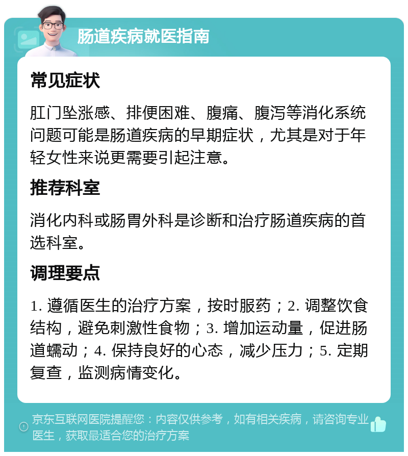 肠道疾病就医指南 常见症状 肛门坠涨感、排便困难、腹痛、腹泻等消化系统问题可能是肠道疾病的早期症状，尤其是对于年轻女性来说更需要引起注意。 推荐科室 消化内科或肠胃外科是诊断和治疗肠道疾病的首选科室。 调理要点 1. 遵循医生的治疗方案，按时服药；2. 调整饮食结构，避免刺激性食物；3. 增加运动量，促进肠道蠕动；4. 保持良好的心态，减少压力；5. 定期复查，监测病情变化。