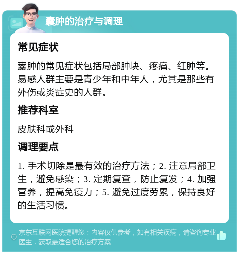 囊肿的治疗与调理 常见症状 囊肿的常见症状包括局部肿块、疼痛、红肿等。易感人群主要是青少年和中年人，尤其是那些有外伤或炎症史的人群。 推荐科室 皮肤科或外科 调理要点 1. 手术切除是最有效的治疗方法；2. 注意局部卫生，避免感染；3. 定期复查，防止复发；4. 加强营养，提高免疫力；5. 避免过度劳累，保持良好的生活习惯。