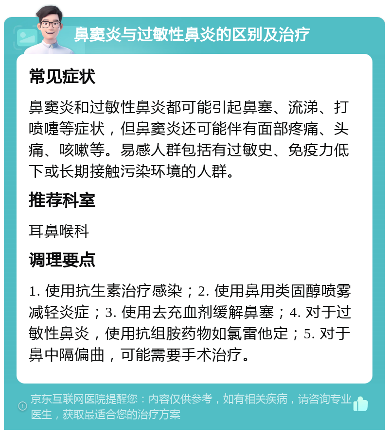 鼻窦炎与过敏性鼻炎的区别及治疗 常见症状 鼻窦炎和过敏性鼻炎都可能引起鼻塞、流涕、打喷嚏等症状，但鼻窦炎还可能伴有面部疼痛、头痛、咳嗽等。易感人群包括有过敏史、免疫力低下或长期接触污染环境的人群。 推荐科室 耳鼻喉科 调理要点 1. 使用抗生素治疗感染；2. 使用鼻用类固醇喷雾减轻炎症；3. 使用去充血剂缓解鼻塞；4. 对于过敏性鼻炎，使用抗组胺药物如氯雷他定；5. 对于鼻中隔偏曲，可能需要手术治疗。