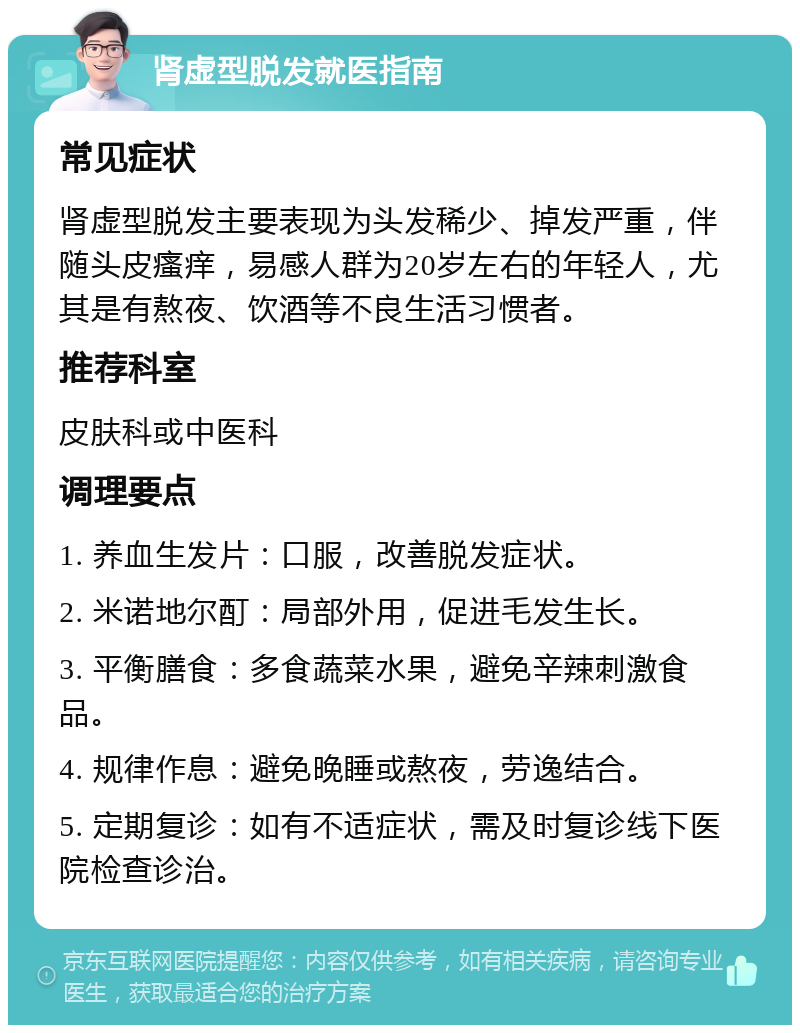 肾虚型脱发就医指南 常见症状 肾虚型脱发主要表现为头发稀少、掉发严重，伴随头皮瘙痒，易感人群为20岁左右的年轻人，尤其是有熬夜、饮酒等不良生活习惯者。 推荐科室 皮肤科或中医科 调理要点 1. 养血生发片：口服，改善脱发症状。 2. 米诺地尔酊：局部外用，促进毛发生长。 3. 平衡膳食：多食蔬菜水果，避免辛辣刺激食品。 4. 规律作息：避免晚睡或熬夜，劳逸结合。 5. 定期复诊：如有不适症状，需及时复诊线下医院检查诊治。