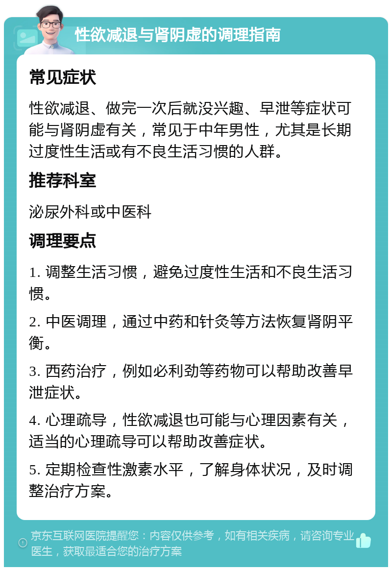 性欲减退与肾阴虚的调理指南 常见症状 性欲减退、做完一次后就没兴趣、早泄等症状可能与肾阴虚有关，常见于中年男性，尤其是长期过度性生活或有不良生活习惯的人群。 推荐科室 泌尿外科或中医科 调理要点 1. 调整生活习惯，避免过度性生活和不良生活习惯。 2. 中医调理，通过中药和针灸等方法恢复肾阴平衡。 3. 西药治疗，例如必利劲等药物可以帮助改善早泄症状。 4. 心理疏导，性欲减退也可能与心理因素有关，适当的心理疏导可以帮助改善症状。 5. 定期检查性激素水平，了解身体状况，及时调整治疗方案。