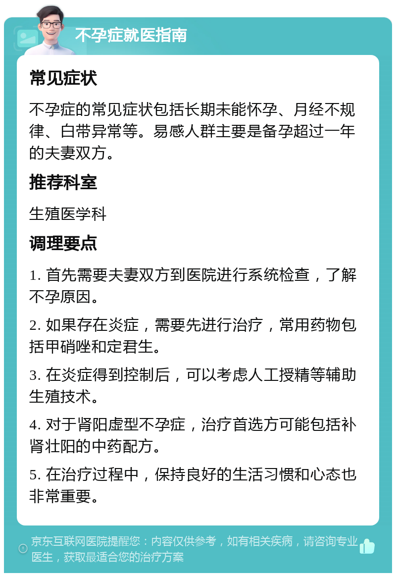 不孕症就医指南 常见症状 不孕症的常见症状包括长期未能怀孕、月经不规律、白带异常等。易感人群主要是备孕超过一年的夫妻双方。 推荐科室 生殖医学科 调理要点 1. 首先需要夫妻双方到医院进行系统检查，了解不孕原因。 2. 如果存在炎症，需要先进行治疗，常用药物包括甲硝唑和定君生。 3. 在炎症得到控制后，可以考虑人工授精等辅助生殖技术。 4. 对于肾阳虚型不孕症，治疗首选方可能包括补肾壮阳的中药配方。 5. 在治疗过程中，保持良好的生活习惯和心态也非常重要。