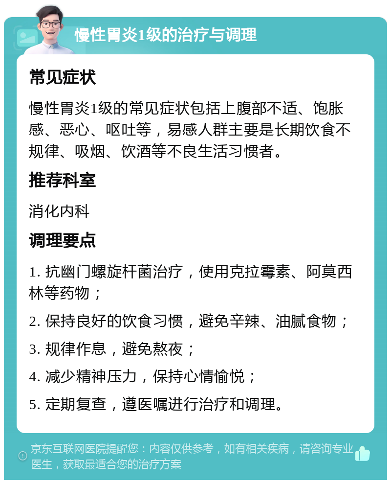 慢性胃炎1级的治疗与调理 常见症状 慢性胃炎1级的常见症状包括上腹部不适、饱胀感、恶心、呕吐等，易感人群主要是长期饮食不规律、吸烟、饮酒等不良生活习惯者。 推荐科室 消化内科 调理要点 1. 抗幽门螺旋杆菌治疗，使用克拉霉素、阿莫西林等药物； 2. 保持良好的饮食习惯，避免辛辣、油腻食物； 3. 规律作息，避免熬夜； 4. 减少精神压力，保持心情愉悦； 5. 定期复查，遵医嘱进行治疗和调理。