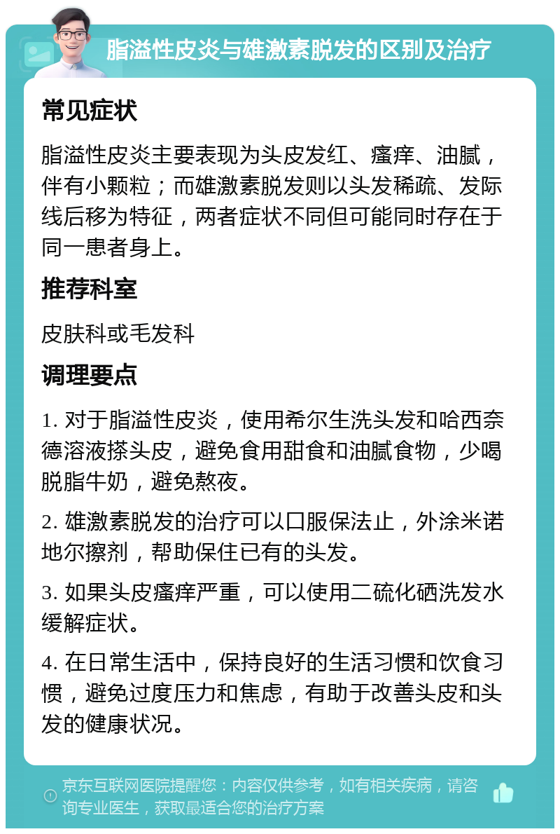 脂溢性皮炎与雄激素脱发的区别及治疗 常见症状 脂溢性皮炎主要表现为头皮发红、瘙痒、油腻，伴有小颗粒；而雄激素脱发则以头发稀疏、发际线后移为特征，两者症状不同但可能同时存在于同一患者身上。 推荐科室 皮肤科或毛发科 调理要点 1. 对于脂溢性皮炎，使用希尔生洗头发和哈西奈德溶液搽头皮，避免食用甜食和油腻食物，少喝脱脂牛奶，避免熬夜。 2. 雄激素脱发的治疗可以口服保法止，外涂米诺地尔擦剂，帮助保住已有的头发。 3. 如果头皮瘙痒严重，可以使用二硫化硒洗发水缓解症状。 4. 在日常生活中，保持良好的生活习惯和饮食习惯，避免过度压力和焦虑，有助于改善头皮和头发的健康状况。