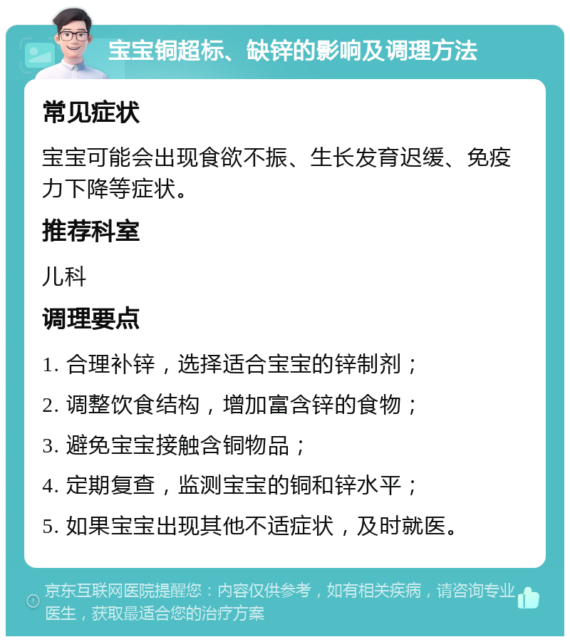 宝宝铜超标、缺锌的影响及调理方法 常见症状 宝宝可能会出现食欲不振、生长发育迟缓、免疫力下降等症状。 推荐科室 儿科 调理要点 1. 合理补锌，选择适合宝宝的锌制剂； 2. 调整饮食结构，增加富含锌的食物； 3. 避免宝宝接触含铜物品； 4. 定期复查，监测宝宝的铜和锌水平； 5. 如果宝宝出现其他不适症状，及时就医。