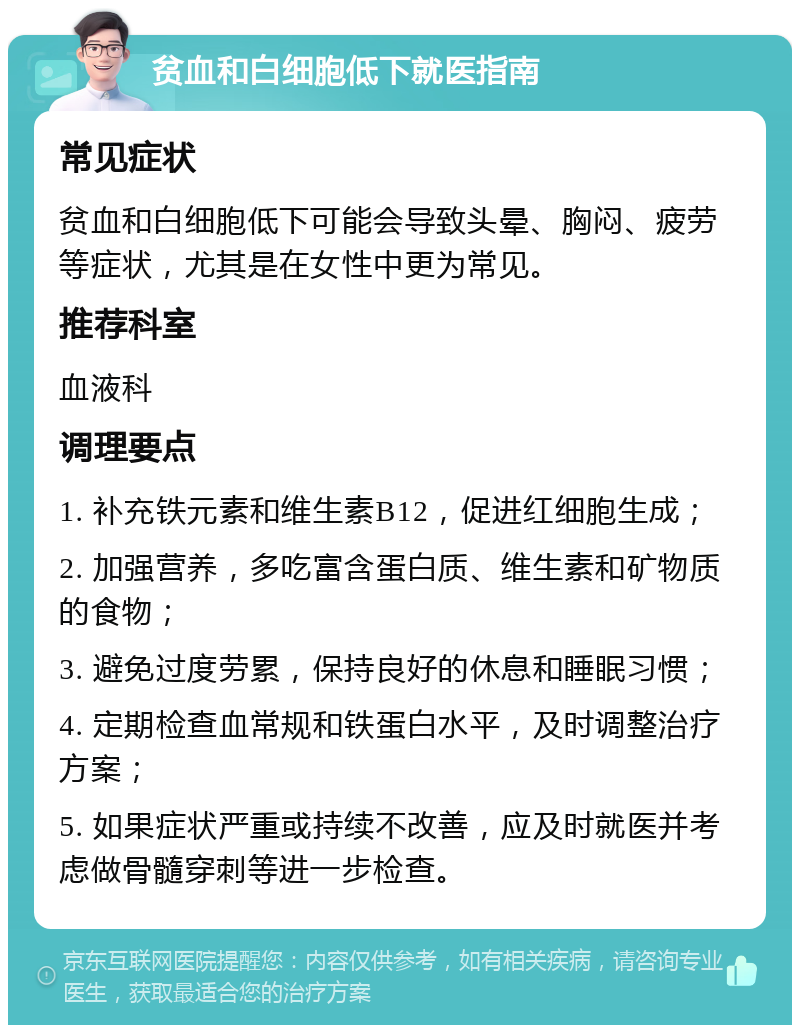 贫血和白细胞低下就医指南 常见症状 贫血和白细胞低下可能会导致头晕、胸闷、疲劳等症状，尤其是在女性中更为常见。 推荐科室 血液科 调理要点 1. 补充铁元素和维生素B12，促进红细胞生成； 2. 加强营养，多吃富含蛋白质、维生素和矿物质的食物； 3. 避免过度劳累，保持良好的休息和睡眠习惯； 4. 定期检查血常规和铁蛋白水平，及时调整治疗方案； 5. 如果症状严重或持续不改善，应及时就医并考虑做骨髓穿刺等进一步检查。