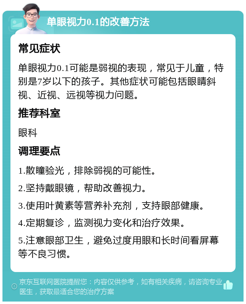 单眼视力0.1的改善方法 常见症状 单眼视力0.1可能是弱视的表现，常见于儿童，特别是7岁以下的孩子。其他症状可能包括眼睛斜视、近视、远视等视力问题。 推荐科室 眼科 调理要点 1.散瞳验光，排除弱视的可能性。 2.坚持戴眼镜，帮助改善视力。 3.使用叶黄素等营养补充剂，支持眼部健康。 4.定期复诊，监测视力变化和治疗效果。 5.注意眼部卫生，避免过度用眼和长时间看屏幕等不良习惯。