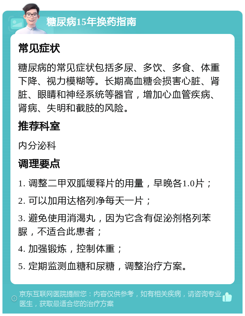 糖尿病15年换药指南 常见症状 糖尿病的常见症状包括多尿、多饮、多食、体重下降、视力模糊等。长期高血糖会损害心脏、肾脏、眼睛和神经系统等器官，增加心血管疾病、肾病、失明和截肢的风险。 推荐科室 内分泌科 调理要点 1. 调整二甲双胍缓释片的用量，早晚各1.0片； 2. 可以加用达格列净每天一片； 3. 避免使用消渴丸，因为它含有促泌剂格列苯脲，不适合此患者； 4. 加强锻炼，控制体重； 5. 定期监测血糖和尿糖，调整治疗方案。