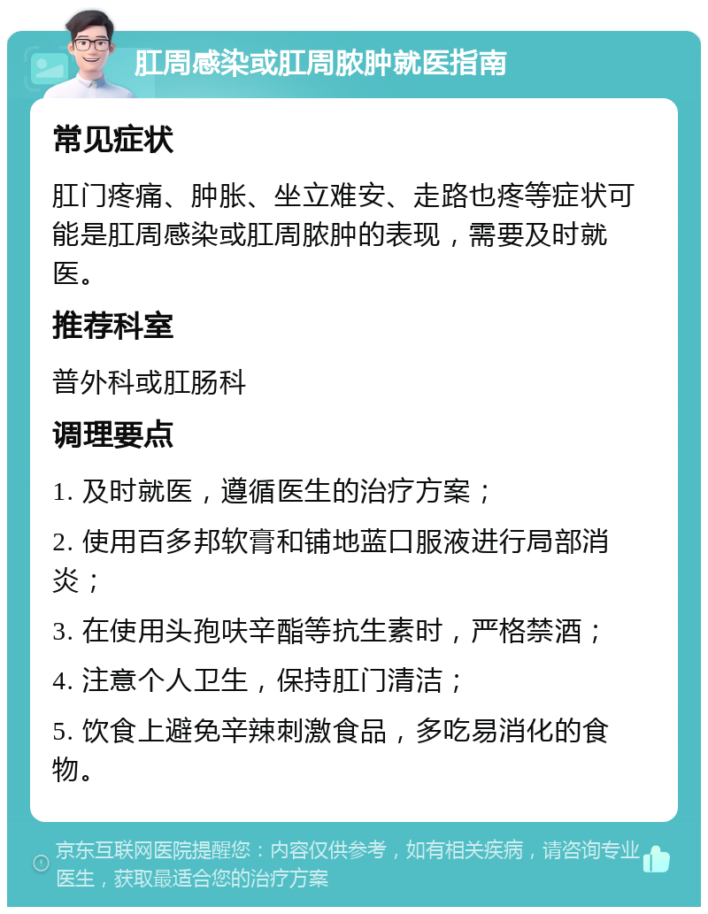 肛周感染或肛周脓肿就医指南 常见症状 肛门疼痛、肿胀、坐立难安、走路也疼等症状可能是肛周感染或肛周脓肿的表现，需要及时就医。 推荐科室 普外科或肛肠科 调理要点 1. 及时就医，遵循医生的治疗方案； 2. 使用百多邦软膏和铺地蓝口服液进行局部消炎； 3. 在使用头孢呋辛酯等抗生素时，严格禁酒； 4. 注意个人卫生，保持肛门清洁； 5. 饮食上避免辛辣刺激食品，多吃易消化的食物。