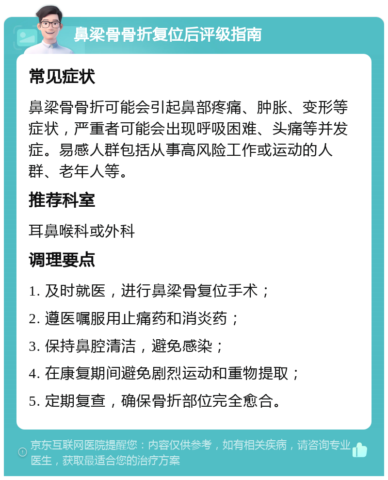 鼻梁骨骨折复位后评级指南 常见症状 鼻梁骨骨折可能会引起鼻部疼痛、肿胀、变形等症状，严重者可能会出现呼吸困难、头痛等并发症。易感人群包括从事高风险工作或运动的人群、老年人等。 推荐科室 耳鼻喉科或外科 调理要点 1. 及时就医，进行鼻梁骨复位手术； 2. 遵医嘱服用止痛药和消炎药； 3. 保持鼻腔清洁，避免感染； 4. 在康复期间避免剧烈运动和重物提取； 5. 定期复查，确保骨折部位完全愈合。