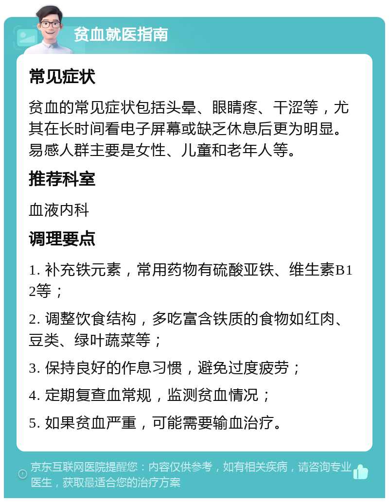 贫血就医指南 常见症状 贫血的常见症状包括头晕、眼睛疼、干涩等，尤其在长时间看电子屏幕或缺乏休息后更为明显。易感人群主要是女性、儿童和老年人等。 推荐科室 血液内科 调理要点 1. 补充铁元素，常用药物有硫酸亚铁、维生素B12等； 2. 调整饮食结构，多吃富含铁质的食物如红肉、豆类、绿叶蔬菜等； 3. 保持良好的作息习惯，避免过度疲劳； 4. 定期复查血常规，监测贫血情况； 5. 如果贫血严重，可能需要输血治疗。