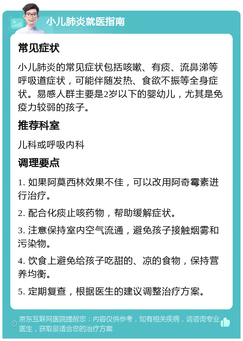 小儿肺炎就医指南 常见症状 小儿肺炎的常见症状包括咳嗽、有痰、流鼻涕等呼吸道症状，可能伴随发热、食欲不振等全身症状。易感人群主要是2岁以下的婴幼儿，尤其是免疫力较弱的孩子。 推荐科室 儿科或呼吸内科 调理要点 1. 如果阿莫西林效果不佳，可以改用阿奇霉素进行治疗。 2. 配合化痰止咳药物，帮助缓解症状。 3. 注意保持室内空气流通，避免孩子接触烟雾和污染物。 4. 饮食上避免给孩子吃甜的、凉的食物，保持营养均衡。 5. 定期复查，根据医生的建议调整治疗方案。