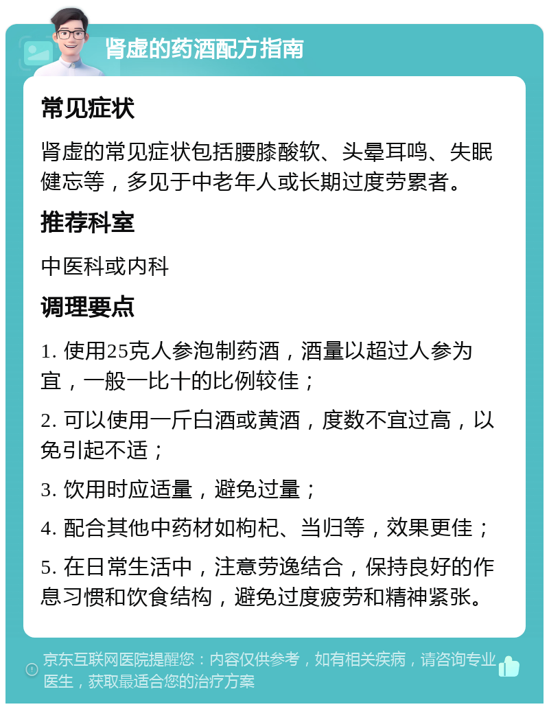 肾虚的药酒配方指南 常见症状 肾虚的常见症状包括腰膝酸软、头晕耳鸣、失眠健忘等，多见于中老年人或长期过度劳累者。 推荐科室 中医科或内科 调理要点 1. 使用25克人参泡制药酒，酒量以超过人参为宜，一般一比十的比例较佳； 2. 可以使用一斤白酒或黄酒，度数不宜过高，以免引起不适； 3. 饮用时应适量，避免过量； 4. 配合其他中药材如枸杞、当归等，效果更佳； 5. 在日常生活中，注意劳逸结合，保持良好的作息习惯和饮食结构，避免过度疲劳和精神紧张。