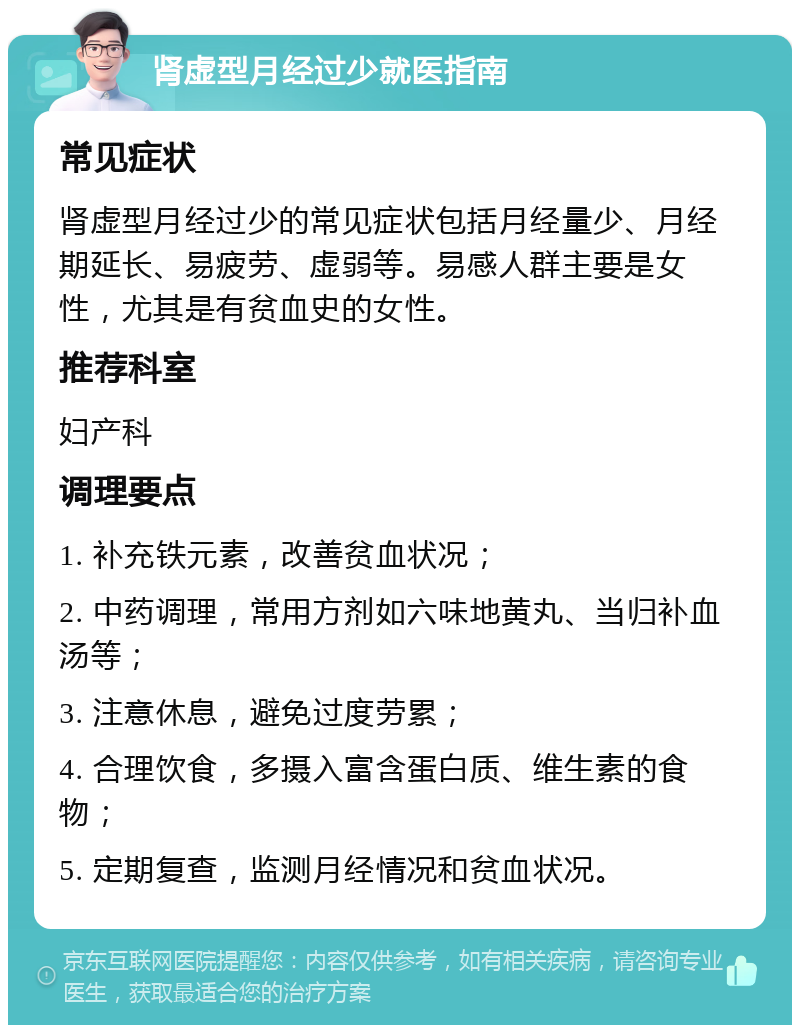 肾虚型月经过少就医指南 常见症状 肾虚型月经过少的常见症状包括月经量少、月经期延长、易疲劳、虚弱等。易感人群主要是女性，尤其是有贫血史的女性。 推荐科室 妇产科 调理要点 1. 补充铁元素，改善贫血状况； 2. 中药调理，常用方剂如六味地黄丸、当归补血汤等； 3. 注意休息，避免过度劳累； 4. 合理饮食，多摄入富含蛋白质、维生素的食物； 5. 定期复查，监测月经情况和贫血状况。