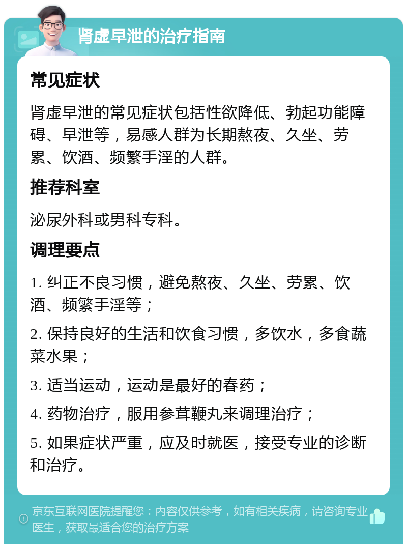 肾虚早泄的治疗指南 常见症状 肾虚早泄的常见症状包括性欲降低、勃起功能障碍、早泄等，易感人群为长期熬夜、久坐、劳累、饮酒、频繁手淫的人群。 推荐科室 泌尿外科或男科专科。 调理要点 1. 纠正不良习惯，避免熬夜、久坐、劳累、饮酒、频繁手淫等； 2. 保持良好的生活和饮食习惯，多饮水，多食蔬菜水果； 3. 适当运动，运动是最好的春药； 4. 药物治疗，服用参茸鞭丸来调理治疗； 5. 如果症状严重，应及时就医，接受专业的诊断和治疗。