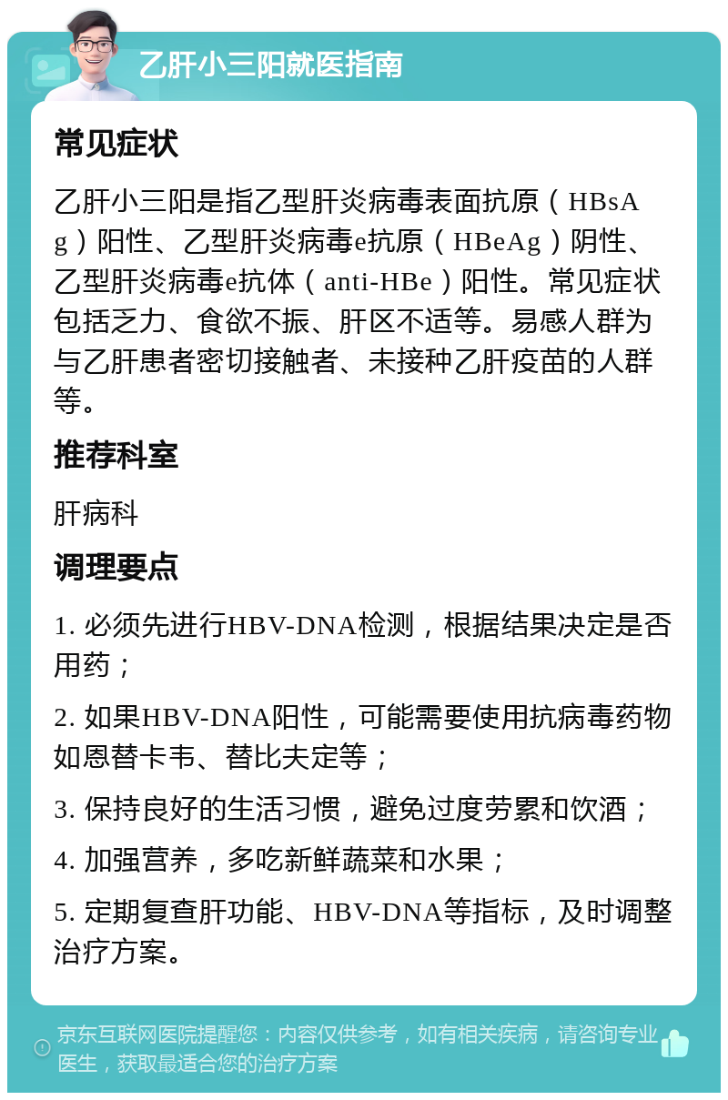 乙肝小三阳就医指南 常见症状 乙肝小三阳是指乙型肝炎病毒表面抗原（HBsAg）阳性、乙型肝炎病毒e抗原（HBeAg）阴性、乙型肝炎病毒e抗体（anti-HBe）阳性。常见症状包括乏力、食欲不振、肝区不适等。易感人群为与乙肝患者密切接触者、未接种乙肝疫苗的人群等。 推荐科室 肝病科 调理要点 1. 必须先进行HBV-DNA检测，根据结果决定是否用药； 2. 如果HBV-DNA阳性，可能需要使用抗病毒药物如恩替卡韦、替比夫定等； 3. 保持良好的生活习惯，避免过度劳累和饮酒； 4. 加强营养，多吃新鲜蔬菜和水果； 5. 定期复查肝功能、HBV-DNA等指标，及时调整治疗方案。