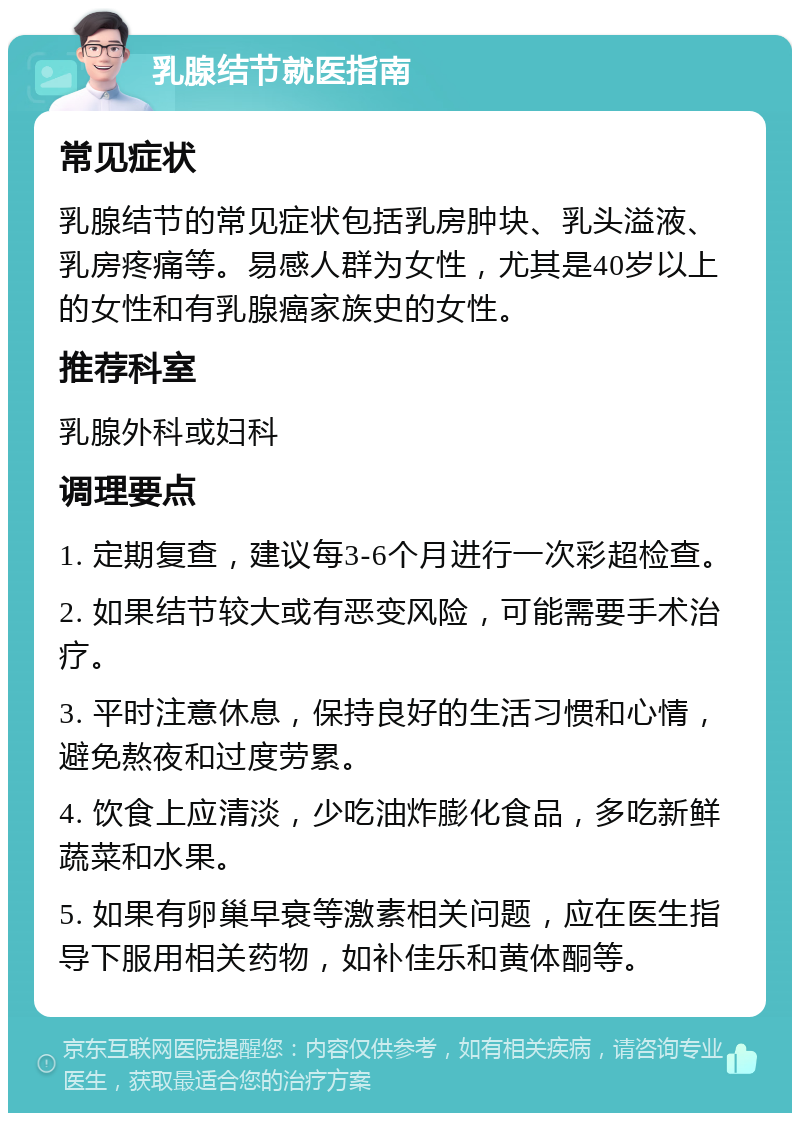 乳腺结节就医指南 常见症状 乳腺结节的常见症状包括乳房肿块、乳头溢液、乳房疼痛等。易感人群为女性，尤其是40岁以上的女性和有乳腺癌家族史的女性。 推荐科室 乳腺外科或妇科 调理要点 1. 定期复查，建议每3-6个月进行一次彩超检查。 2. 如果结节较大或有恶变风险，可能需要手术治疗。 3. 平时注意休息，保持良好的生活习惯和心情，避免熬夜和过度劳累。 4. 饮食上应清淡，少吃油炸膨化食品，多吃新鲜蔬菜和水果。 5. 如果有卵巢早衰等激素相关问题，应在医生指导下服用相关药物，如补佳乐和黄体酮等。