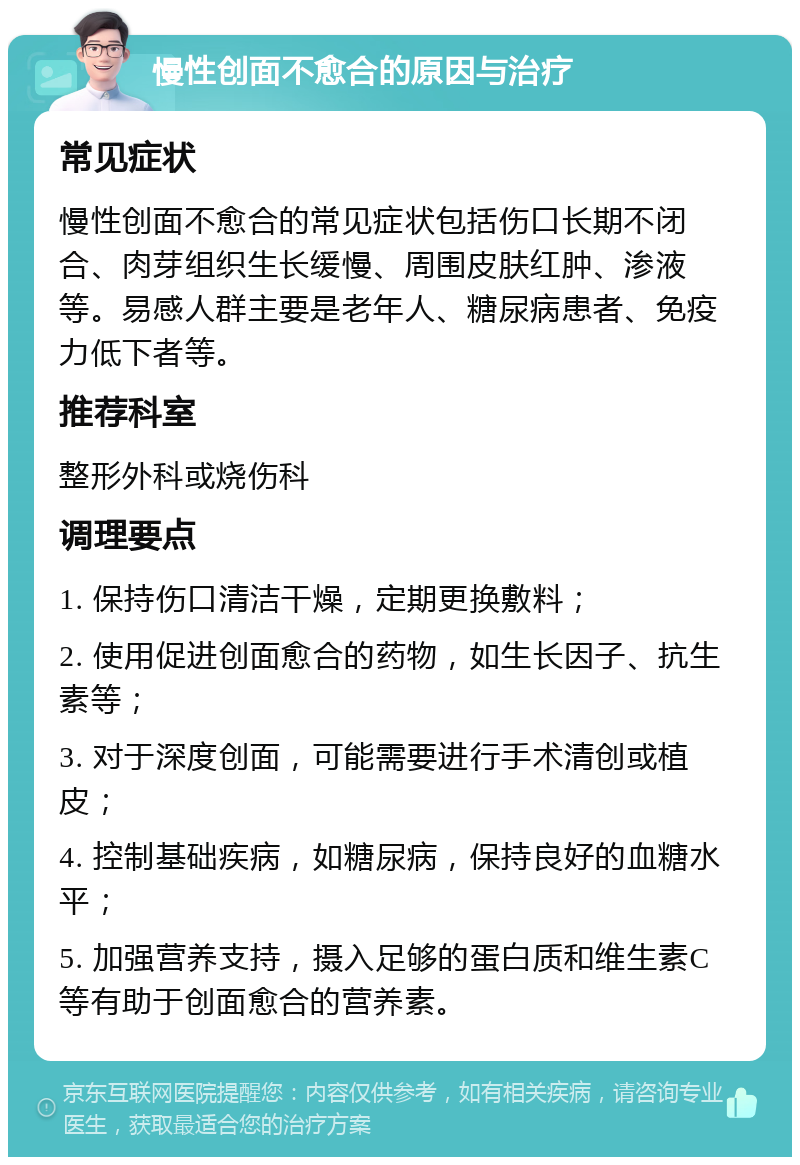 慢性创面不愈合的原因与治疗 常见症状 慢性创面不愈合的常见症状包括伤口长期不闭合、肉芽组织生长缓慢、周围皮肤红肿、渗液等。易感人群主要是老年人、糖尿病患者、免疫力低下者等。 推荐科室 整形外科或烧伤科 调理要点 1. 保持伤口清洁干燥，定期更换敷料； 2. 使用促进创面愈合的药物，如生长因子、抗生素等； 3. 对于深度创面，可能需要进行手术清创或植皮； 4. 控制基础疾病，如糖尿病，保持良好的血糖水平； 5. 加强营养支持，摄入足够的蛋白质和维生素C等有助于创面愈合的营养素。