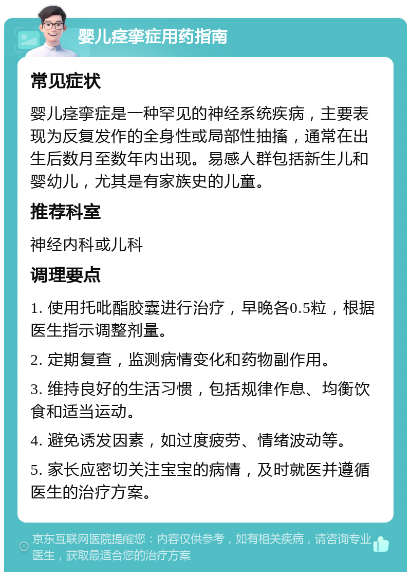 婴儿痉挛症用药指南 常见症状 婴儿痉挛症是一种罕见的神经系统疾病，主要表现为反复发作的全身性或局部性抽搐，通常在出生后数月至数年内出现。易感人群包括新生儿和婴幼儿，尤其是有家族史的儿童。 推荐科室 神经内科或儿科 调理要点 1. 使用托吡酯胶囊进行治疗，早晚各0.5粒，根据医生指示调整剂量。 2. 定期复查，监测病情变化和药物副作用。 3. 维持良好的生活习惯，包括规律作息、均衡饮食和适当运动。 4. 避免诱发因素，如过度疲劳、情绪波动等。 5. 家长应密切关注宝宝的病情，及时就医并遵循医生的治疗方案。