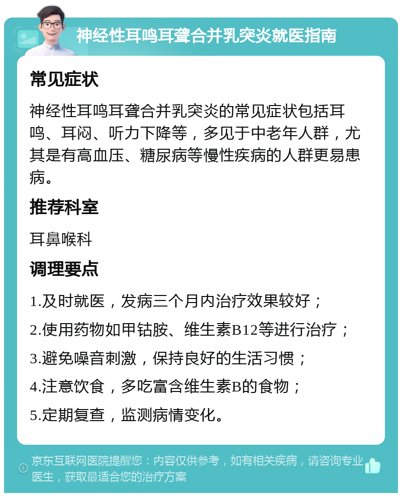 神经性耳鸣耳聋合并乳突炎就医指南 常见症状 神经性耳鸣耳聋合并乳突炎的常见症状包括耳鸣、耳闷、听力下降等，多见于中老年人群，尤其是有高血压、糖尿病等慢性疾病的人群更易患病。 推荐科室 耳鼻喉科 调理要点 1.及时就医，发病三个月内治疗效果较好； 2.使用药物如甲钴胺、维生素B12等进行治疗； 3.避免噪音刺激，保持良好的生活习惯； 4.注意饮食，多吃富含维生素B的食物； 5.定期复查，监测病情变化。