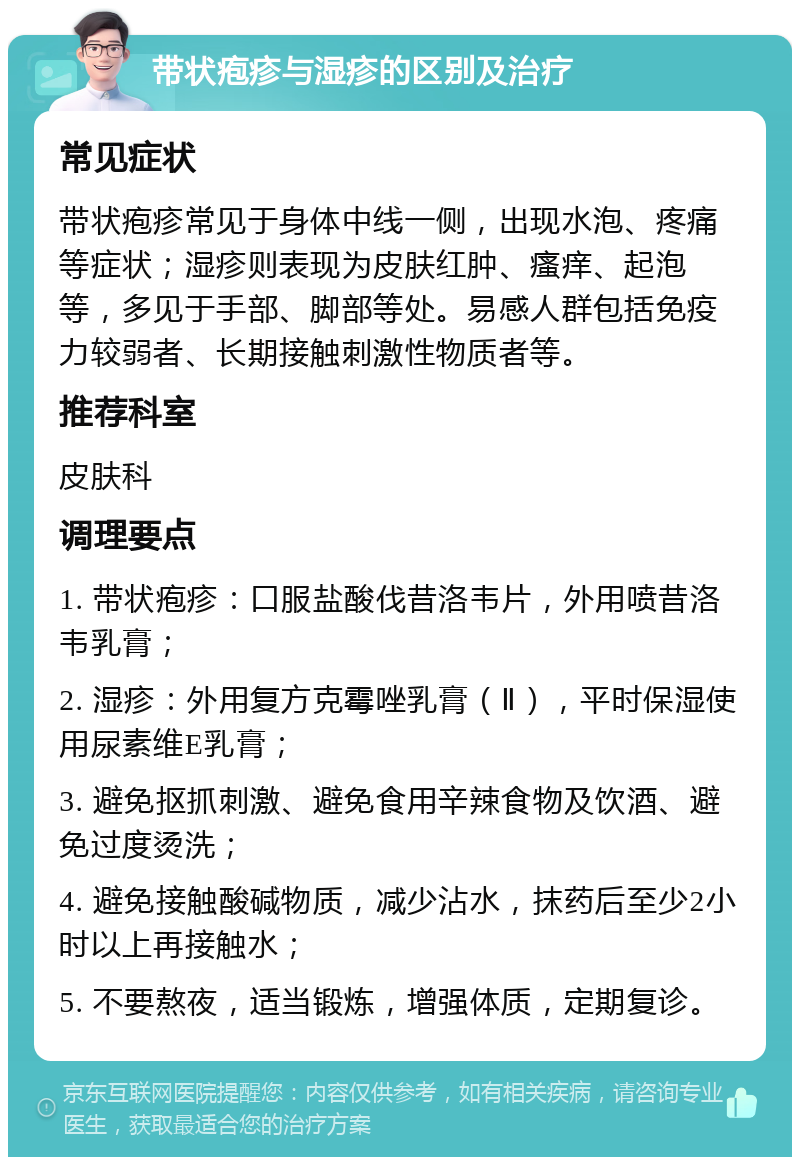 带状疱疹与湿疹的区别及治疗 常见症状 带状疱疹常见于身体中线一侧，出现水泡、疼痛等症状；湿疹则表现为皮肤红肿、瘙痒、起泡等，多见于手部、脚部等处。易感人群包括免疫力较弱者、长期接触刺激性物质者等。 推荐科室 皮肤科 调理要点 1. 带状疱疹：口服盐酸伐昔洛韦片，外用喷昔洛韦乳膏； 2. 湿疹：外用复方克霉唑乳膏（Ⅱ），平时保湿使用尿素维E乳膏； 3. 避免抠抓刺激、避免食用辛辣食物及饮酒、避免过度烫洗； 4. 避免接触酸碱物质，减少沾水，抹药后至少2小时以上再接触水； 5. 不要熬夜，适当锻炼，增强体质，定期复诊。