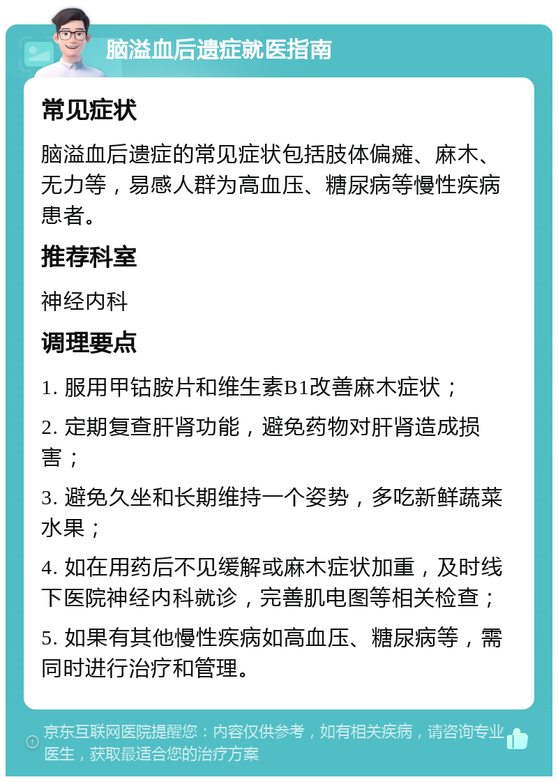 脑溢血后遗症就医指南 常见症状 脑溢血后遗症的常见症状包括肢体偏瘫、麻木、无力等，易感人群为高血压、糖尿病等慢性疾病患者。 推荐科室 神经内科 调理要点 1. 服用甲钴胺片和维生素B1改善麻木症状； 2. 定期复查肝肾功能，避免药物对肝肾造成损害； 3. 避免久坐和长期维持一个姿势，多吃新鲜蔬菜水果； 4. 如在用药后不见缓解或麻木症状加重，及时线下医院神经内科就诊，完善肌电图等相关检查； 5. 如果有其他慢性疾病如高血压、糖尿病等，需同时进行治疗和管理。