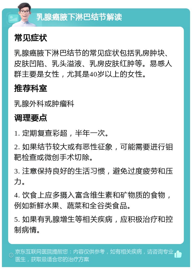 乳腺癌腋下淋巴结节解读 常见症状 乳腺癌腋下淋巴结节的常见症状包括乳房肿块、皮肤凹陷、乳头溢液、乳房皮肤红肿等。易感人群主要是女性，尤其是40岁以上的女性。 推荐科室 乳腺外科或肿瘤科 调理要点 1. 定期复查彩超，半年一次。 2. 如果结节较大或有恶性征象，可能需要进行钼靶检查或微创手术切除。 3. 注意保持良好的生活习惯，避免过度疲劳和压力。 4. 饮食上应多摄入富含维生素和矿物质的食物，例如新鲜水果、蔬菜和全谷类食品。 5. 如果有乳腺增生等相关疾病，应积极治疗和控制病情。