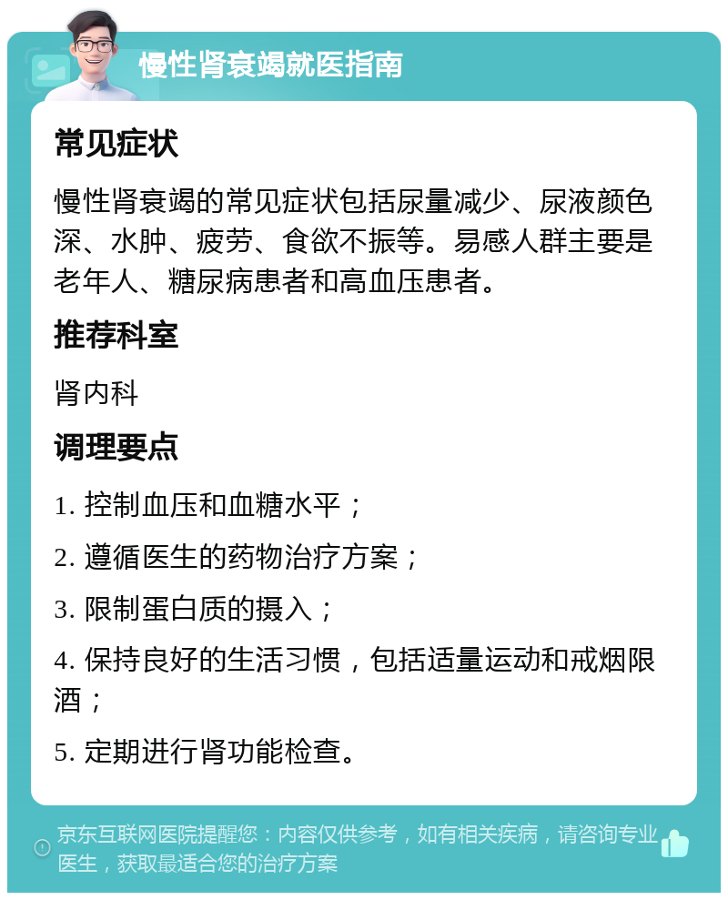 慢性肾衰竭就医指南 常见症状 慢性肾衰竭的常见症状包括尿量减少、尿液颜色深、水肿、疲劳、食欲不振等。易感人群主要是老年人、糖尿病患者和高血压患者。 推荐科室 肾内科 调理要点 1. 控制血压和血糖水平； 2. 遵循医生的药物治疗方案； 3. 限制蛋白质的摄入； 4. 保持良好的生活习惯，包括适量运动和戒烟限酒； 5. 定期进行肾功能检查。