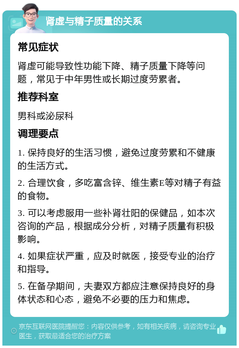 肾虚与精子质量的关系 常见症状 肾虚可能导致性功能下降、精子质量下降等问题，常见于中年男性或长期过度劳累者。 推荐科室 男科或泌尿科 调理要点 1. 保持良好的生活习惯，避免过度劳累和不健康的生活方式。 2. 合理饮食，多吃富含锌、维生素E等对精子有益的食物。 3. 可以考虑服用一些补肾壮阳的保健品，如本次咨询的产品，根据成分分析，对精子质量有积极影响。 4. 如果症状严重，应及时就医，接受专业的治疗和指导。 5. 在备孕期间，夫妻双方都应注意保持良好的身体状态和心态，避免不必要的压力和焦虑。