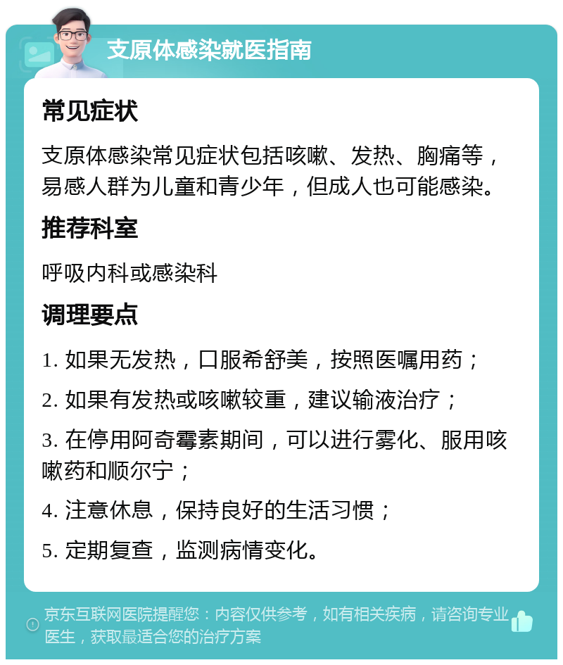 支原体感染就医指南 常见症状 支原体感染常见症状包括咳嗽、发热、胸痛等，易感人群为儿童和青少年，但成人也可能感染。 推荐科室 呼吸内科或感染科 调理要点 1. 如果无发热，口服希舒美，按照医嘱用药； 2. 如果有发热或咳嗽较重，建议输液治疗； 3. 在停用阿奇霉素期间，可以进行雾化、服用咳嗽药和顺尔宁； 4. 注意休息，保持良好的生活习惯； 5. 定期复查，监测病情变化。