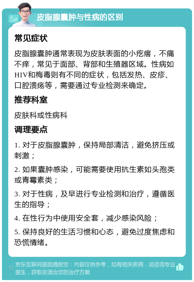 皮脂腺囊肿与性病的区别 常见症状 皮脂腺囊肿通常表现为皮肤表面的小疙瘩，不痛不痒，常见于面部、背部和生殖器区域。性病如HIV和梅毒则有不同的症状，包括发热、皮疹、口腔溃疡等，需要通过专业检测来确定。 推荐科室 皮肤科或性病科 调理要点 1. 对于皮脂腺囊肿，保持局部清洁，避免挤压或刺激； 2. 如果囊肿感染，可能需要使用抗生素如头孢类或青霉素类； 3. 对于性病，及早进行专业检测和治疗，遵循医生的指导； 4. 在性行为中使用安全套，减少感染风险； 5. 保持良好的生活习惯和心态，避免过度焦虑和恐慌情绪。