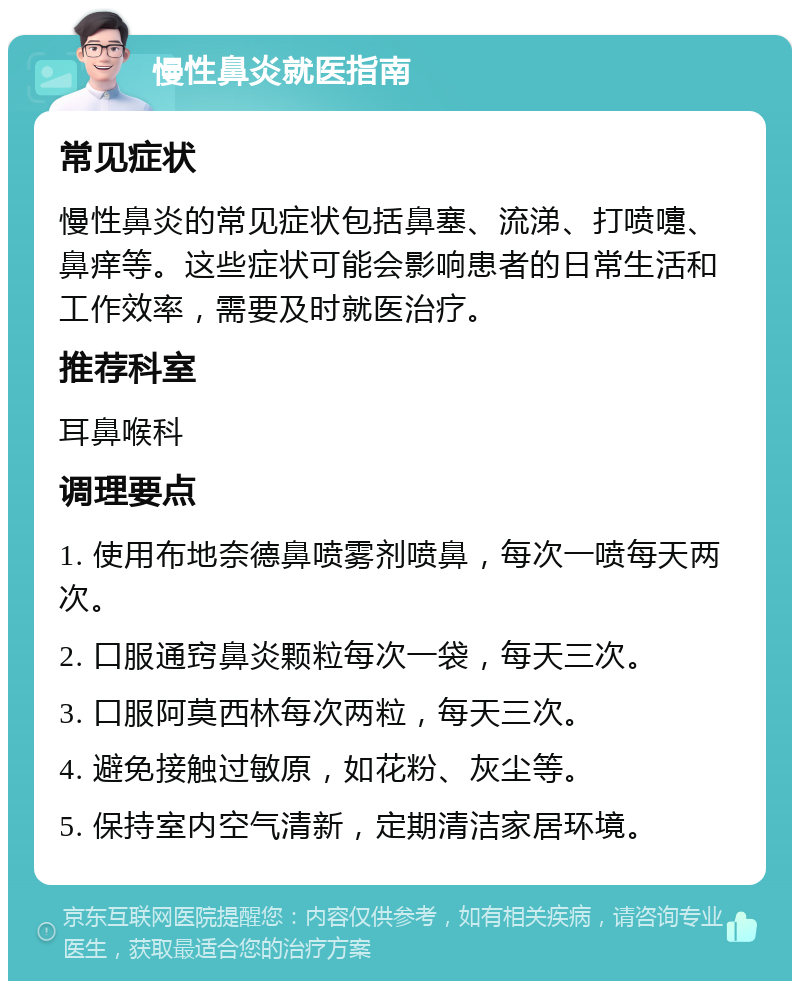 慢性鼻炎就医指南 常见症状 慢性鼻炎的常见症状包括鼻塞、流涕、打喷嚏、鼻痒等。这些症状可能会影响患者的日常生活和工作效率，需要及时就医治疗。 推荐科室 耳鼻喉科 调理要点 1. 使用布地奈德鼻喷雾剂喷鼻，每次一喷每天两次。 2. 口服通窍鼻炎颗粒每次一袋，每天三次。 3. 口服阿莫西林每次两粒，每天三次。 4. 避免接触过敏原，如花粉、灰尘等。 5. 保持室内空气清新，定期清洁家居环境。