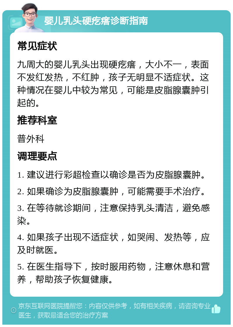 婴儿乳头硬疙瘩诊断指南 常见症状 九周大的婴儿乳头出现硬疙瘩，大小不一，表面不发红发热，不红肿，孩子无明显不适症状。这种情况在婴儿中较为常见，可能是皮脂腺囊肿引起的。 推荐科室 普外科 调理要点 1. 建议进行彩超检查以确诊是否为皮脂腺囊肿。 2. 如果确诊为皮脂腺囊肿，可能需要手术治疗。 3. 在等待就诊期间，注意保持乳头清洁，避免感染。 4. 如果孩子出现不适症状，如哭闹、发热等，应及时就医。 5. 在医生指导下，按时服用药物，注意休息和营养，帮助孩子恢复健康。