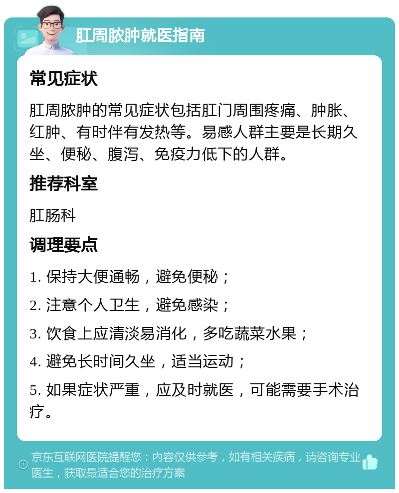 肛周脓肿就医指南 常见症状 肛周脓肿的常见症状包括肛门周围疼痛、肿胀、红肿、有时伴有发热等。易感人群主要是长期久坐、便秘、腹泻、免疫力低下的人群。 推荐科室 肛肠科 调理要点 1. 保持大便通畅，避免便秘； 2. 注意个人卫生，避免感染； 3. 饮食上应清淡易消化，多吃蔬菜水果； 4. 避免长时间久坐，适当运动； 5. 如果症状严重，应及时就医，可能需要手术治疗。