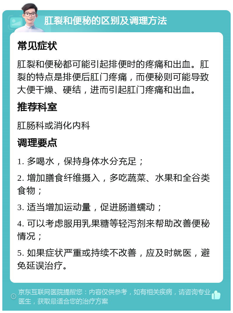 肛裂和便秘的区别及调理方法 常见症状 肛裂和便秘都可能引起排便时的疼痛和出血。肛裂的特点是排便后肛门疼痛，而便秘则可能导致大便干燥、硬结，进而引起肛门疼痛和出血。 推荐科室 肛肠科或消化内科 调理要点 1. 多喝水，保持身体水分充足； 2. 增加膳食纤维摄入，多吃蔬菜、水果和全谷类食物； 3. 适当增加运动量，促进肠道蠕动； 4. 可以考虑服用乳果糖等轻泻剂来帮助改善便秘情况； 5. 如果症状严重或持续不改善，应及时就医，避免延误治疗。