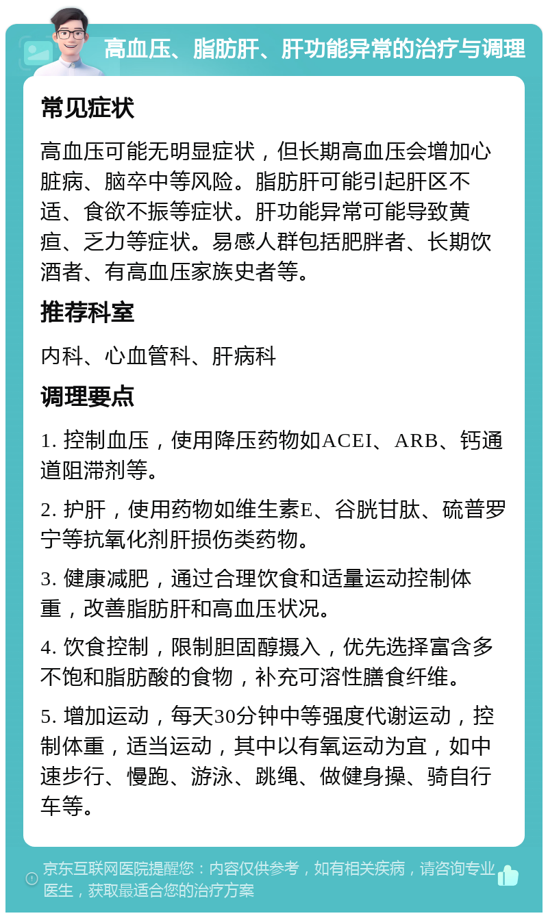 高血压、脂肪肝、肝功能异常的治疗与调理 常见症状 高血压可能无明显症状，但长期高血压会增加心脏病、脑卒中等风险。脂肪肝可能引起肝区不适、食欲不振等症状。肝功能异常可能导致黄疸、乏力等症状。易感人群包括肥胖者、长期饮酒者、有高血压家族史者等。 推荐科室 内科、心血管科、肝病科 调理要点 1. 控制血压，使用降压药物如ACEI、ARB、钙通道阻滞剂等。 2. 护肝，使用药物如维生素E、谷胱甘肽、硫普罗宁等抗氧化剂肝损伤类药物。 3. 健康减肥，通过合理饮食和适量运动控制体重，改善脂肪肝和高血压状况。 4. 饮食控制，限制胆固醇摄入，优先选择富含多不饱和脂肪酸的食物，补充可溶性膳食纤维。 5. 增加运动，每天30分钟中等强度代谢运动，控制体重，适当运动，其中以有氧运动为宜，如中速步行、慢跑、游泳、跳绳、做健身操、骑自行车等。