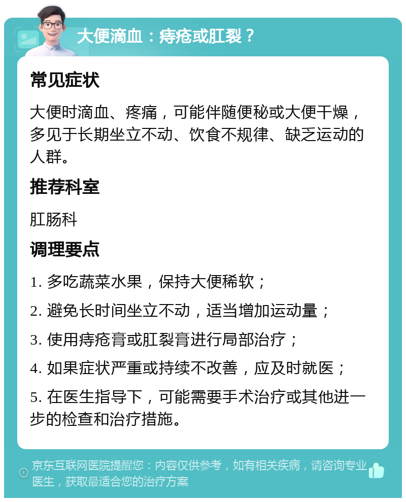 大便滴血：痔疮或肛裂？ 常见症状 大便时滴血、疼痛，可能伴随便秘或大便干燥，多见于长期坐立不动、饮食不规律、缺乏运动的人群。 推荐科室 肛肠科 调理要点 1. 多吃蔬菜水果，保持大便稀软； 2. 避免长时间坐立不动，适当增加运动量； 3. 使用痔疮膏或肛裂膏进行局部治疗； 4. 如果症状严重或持续不改善，应及时就医； 5. 在医生指导下，可能需要手术治疗或其他进一步的检查和治疗措施。