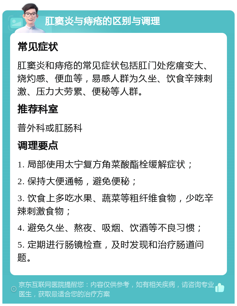 肛窦炎与痔疮的区别与调理 常见症状 肛窦炎和痔疮的常见症状包括肛门处疙瘩变大、烧灼感、便血等，易感人群为久坐、饮食辛辣刺激、压力大劳累、便秘等人群。 推荐科室 普外科或肛肠科 调理要点 1. 局部使用太宁复方角菜酸酯栓缓解症状； 2. 保持大便通畅，避免便秘； 3. 饮食上多吃水果、蔬菜等粗纤维食物，少吃辛辣刺激食物； 4. 避免久坐、熬夜、吸烟、饮酒等不良习惯； 5. 定期进行肠镜检查，及时发现和治疗肠道问题。