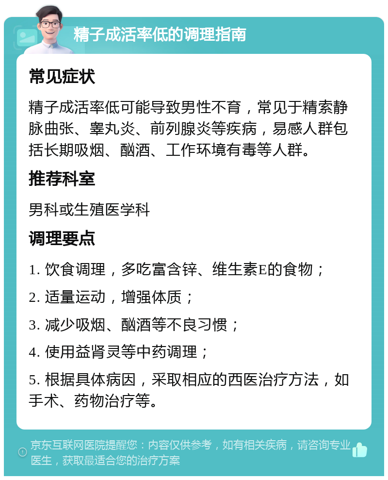 精子成活率低的调理指南 常见症状 精子成活率低可能导致男性不育，常见于精索静脉曲张、睾丸炎、前列腺炎等疾病，易感人群包括长期吸烟、酗酒、工作环境有毒等人群。 推荐科室 男科或生殖医学科 调理要点 1. 饮食调理，多吃富含锌、维生素E的食物； 2. 适量运动，增强体质； 3. 减少吸烟、酗酒等不良习惯； 4. 使用益肾灵等中药调理； 5. 根据具体病因，采取相应的西医治疗方法，如手术、药物治疗等。