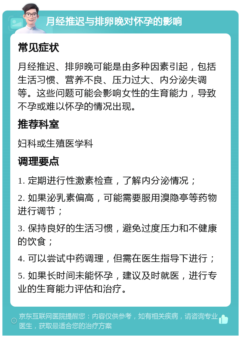 月经推迟与排卵晚对怀孕的影响 常见症状 月经推迟、排卵晚可能是由多种因素引起，包括生活习惯、营养不良、压力过大、内分泌失调等。这些问题可能会影响女性的生育能力，导致不孕或难以怀孕的情况出现。 推荐科室 妇科或生殖医学科 调理要点 1. 定期进行性激素检查，了解内分泌情况； 2. 如果泌乳素偏高，可能需要服用溴隐亭等药物进行调节； 3. 保持良好的生活习惯，避免过度压力和不健康的饮食； 4. 可以尝试中药调理，但需在医生指导下进行； 5. 如果长时间未能怀孕，建议及时就医，进行专业的生育能力评估和治疗。