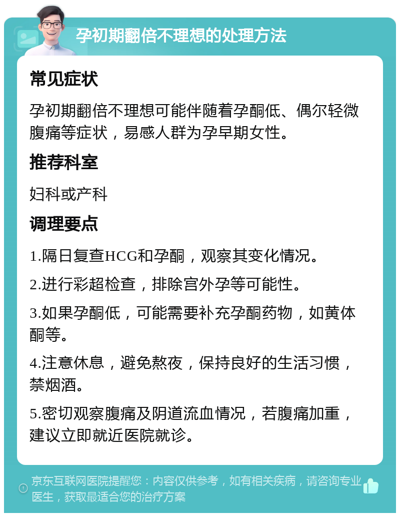 孕初期翻倍不理想的处理方法 常见症状 孕初期翻倍不理想可能伴随着孕酮低、偶尔轻微腹痛等症状，易感人群为孕早期女性。 推荐科室 妇科或产科 调理要点 1.隔日复查HCG和孕酮，观察其变化情况。 2.进行彩超检查，排除宫外孕等可能性。 3.如果孕酮低，可能需要补充孕酮药物，如黄体酮等。 4.注意休息，避免熬夜，保持良好的生活习惯，禁烟酒。 5.密切观察腹痛及阴道流血情况，若腹痛加重，建议立即就近医院就诊。